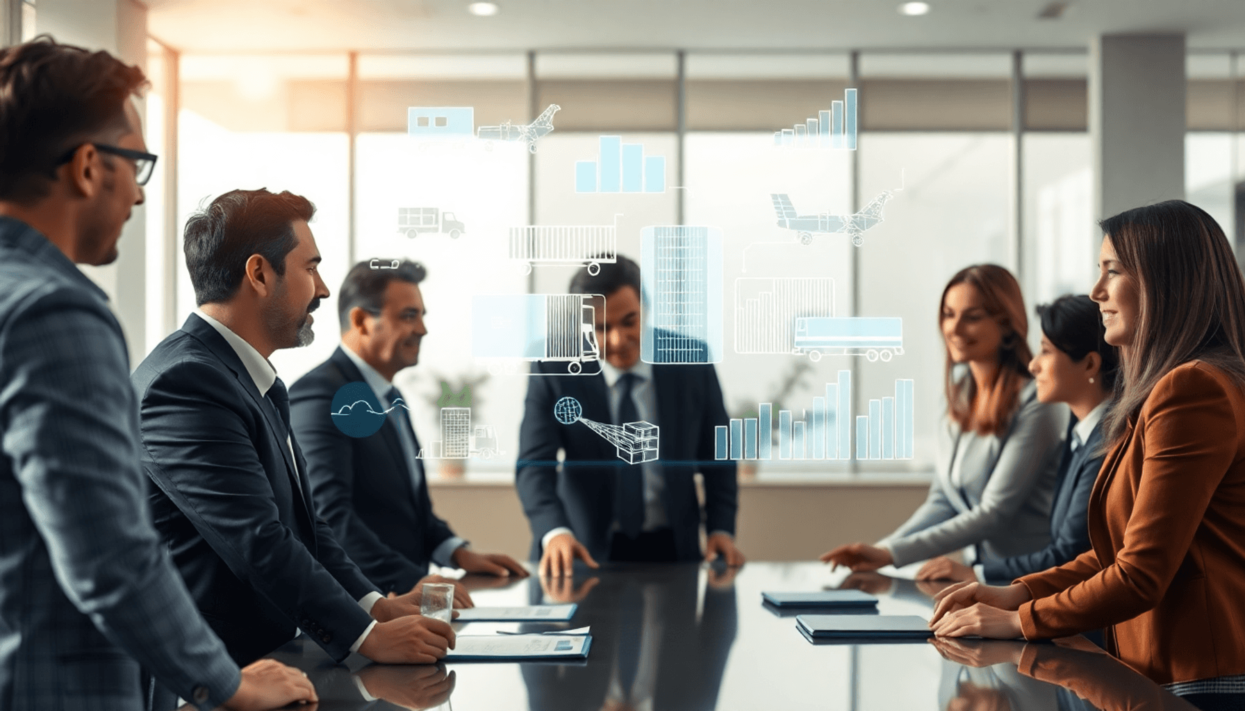 Business team collaborating around a table with digital holograms of shipping containers, trucks, and charts in a modern office setting.