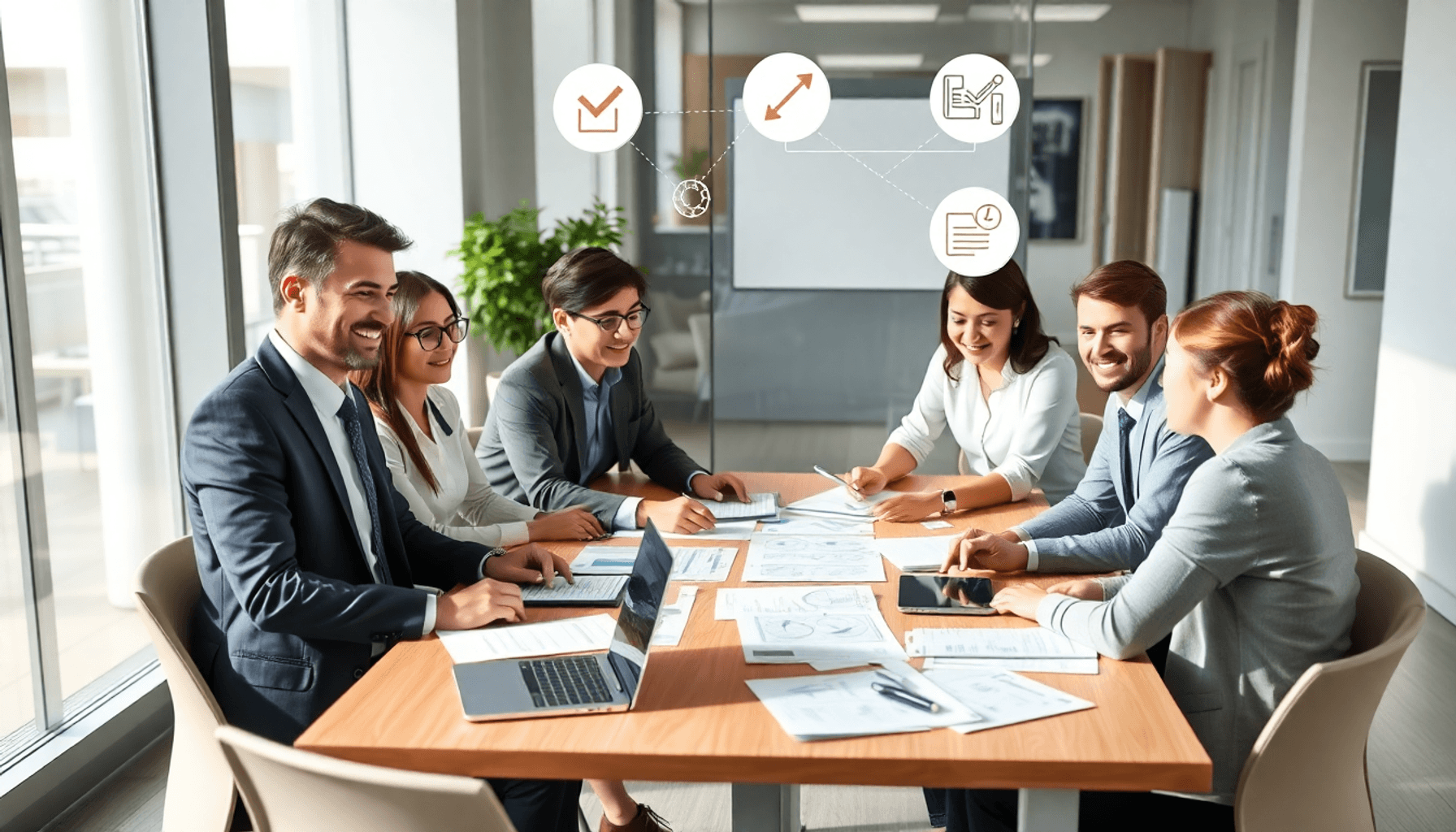 Business team collaborating around a table with documents, laptops, and floating abstract icons symbolizing teamwork and strategic planning.