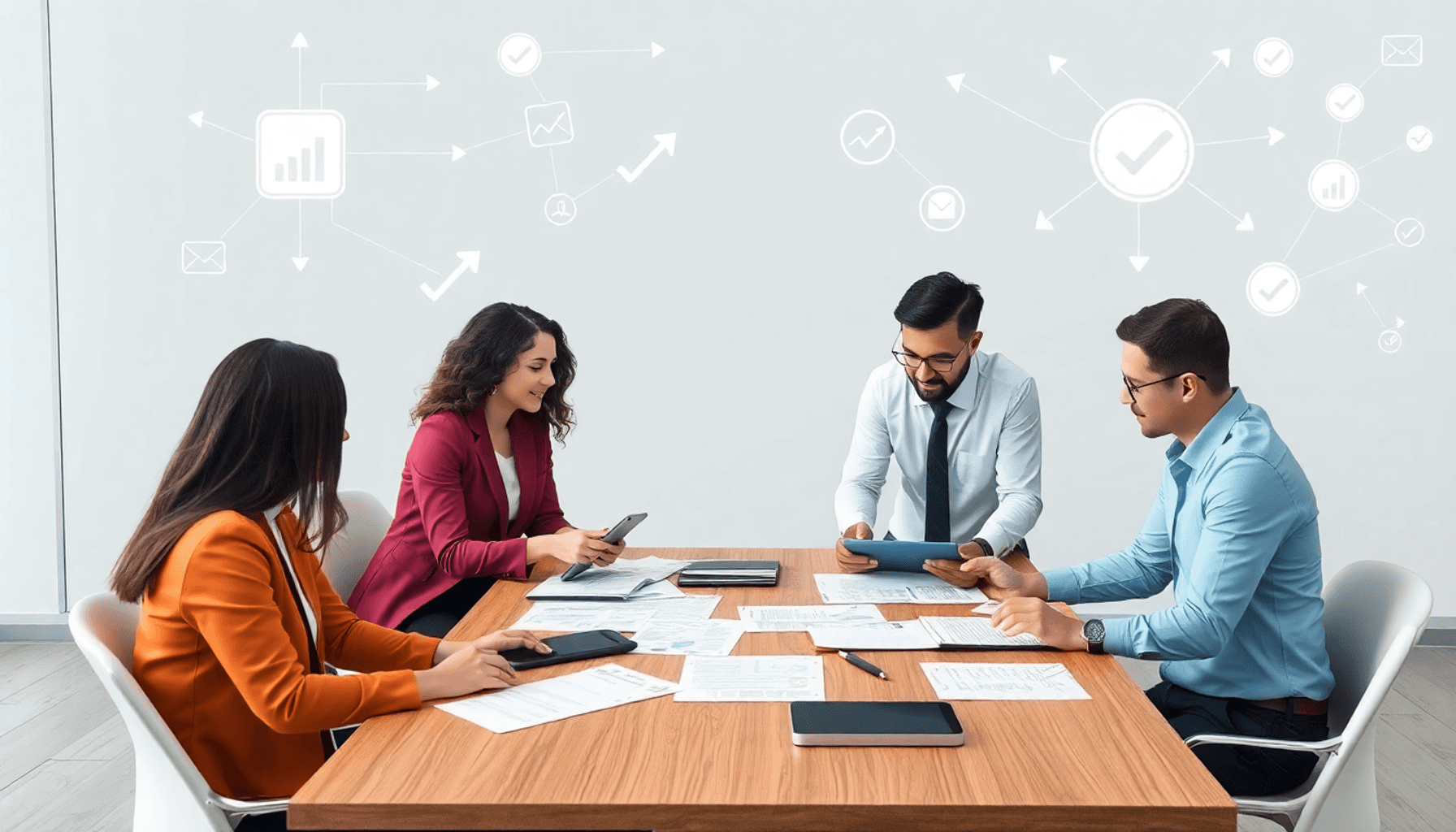 Business team collaborating around a table with documents and tablets, surrounded by abstract symbols of communication and organization.