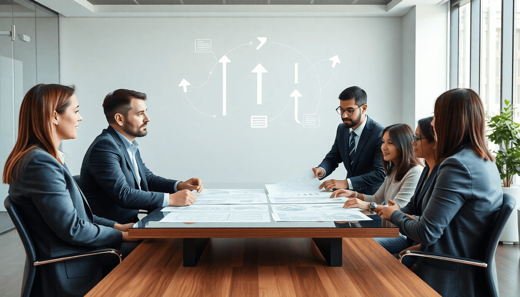 Business team collaborating around a table with floating arrows and flowcharts symbolizing procurement and decision-making in a bright, modern office.