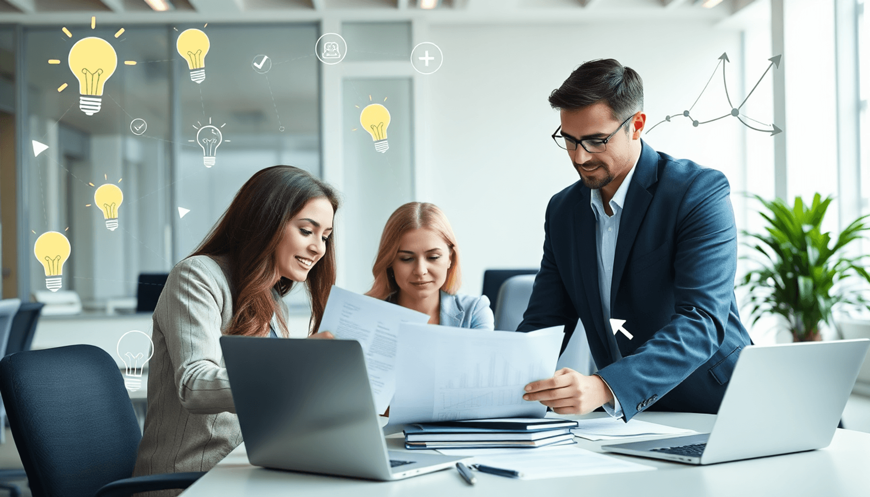 Business team collaborating over documents and laptops in a bright office, surrounded by light bulbs, checkmarks, and arrows symbolizing clarity an...