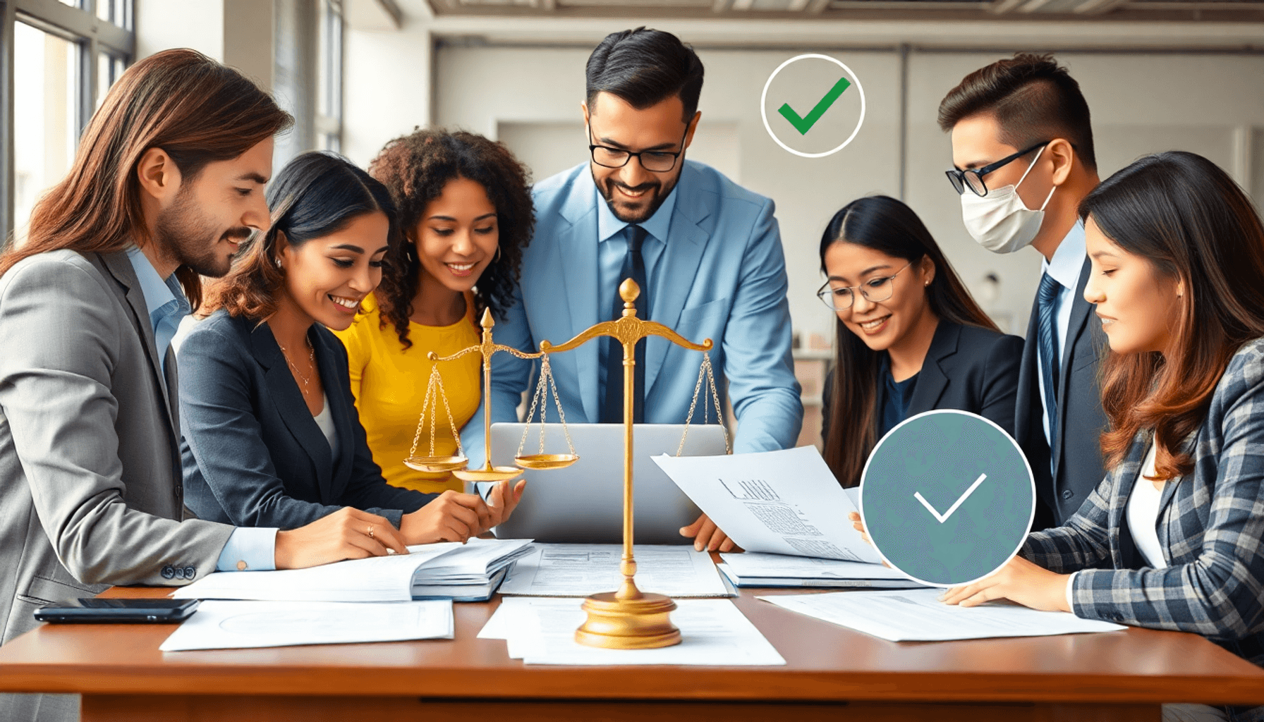 Business team collaborating over documents and laptops in a modern office with scales of justice, checkmarks, and abstract contract symbols.