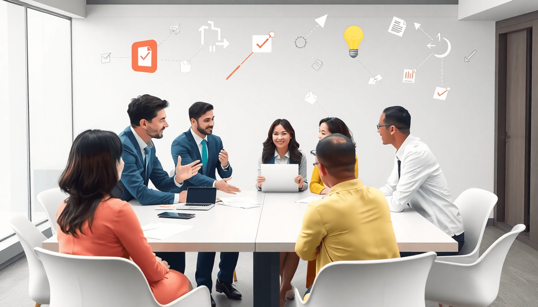 Businesspeople collaborating around a table with abstract decision-making symbols and a subtle digital data background in a professional office set...