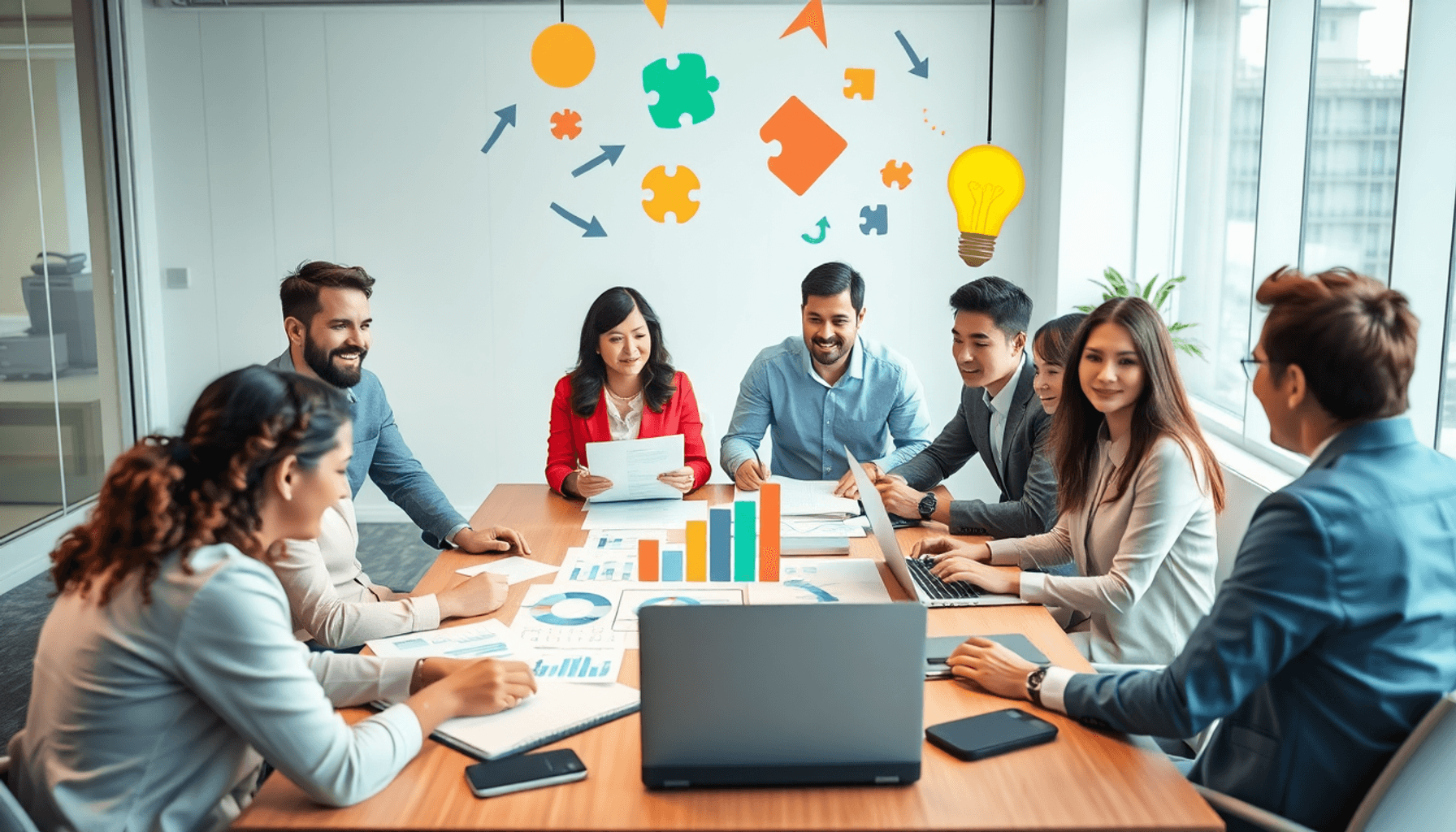 Businesspeople collaborating around a table with charts, laptops, and floating symbols of strategy in a bright, modern office.