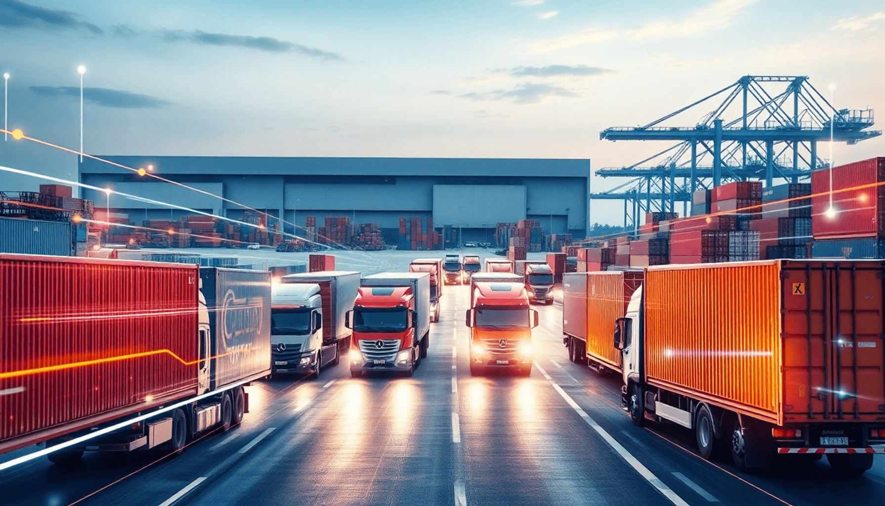 Cargo trucks and containers in motion at a logistics hub with glowing data streams, a large warehouse, and shipping docks under a clear sky.