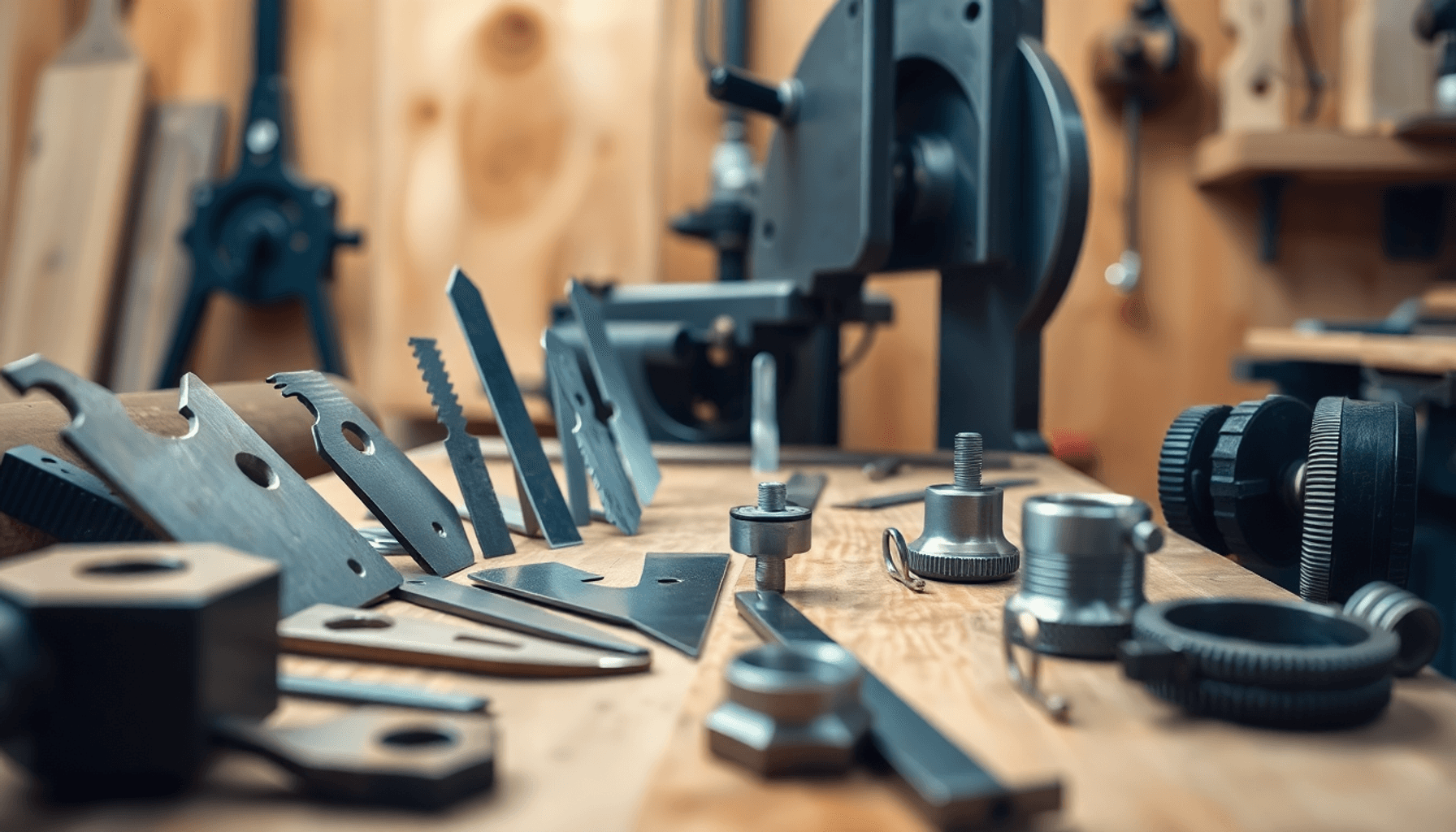 Close-up of a scroll saw with blades, holders, clamps, and adapters arranged neatly on a warm wooden background in soft, focused lighting.