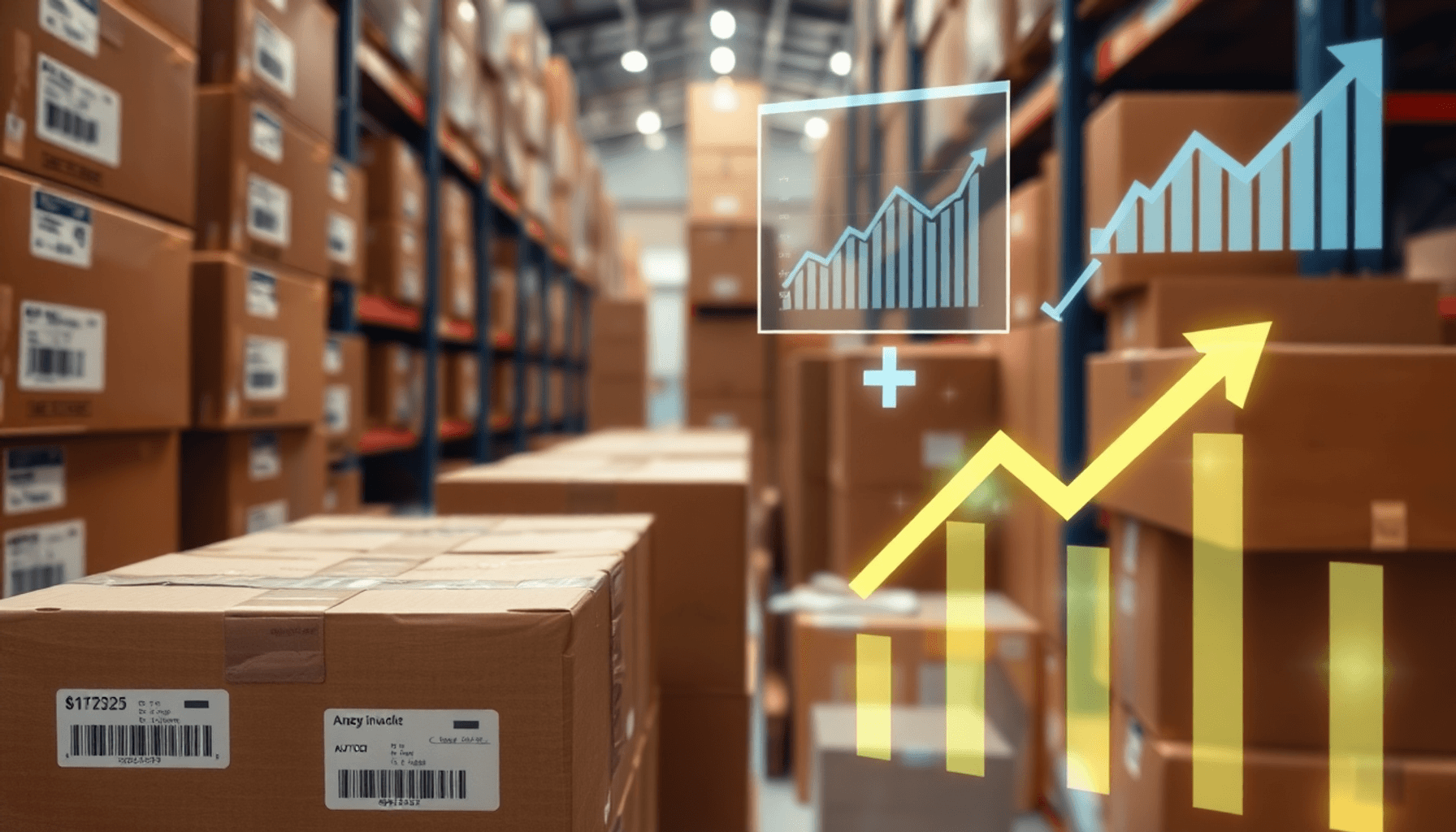 Close-up of stacked cardboard parcels with digital data overlays and financial charts, illustrating parcel invoice accuracy and profit margin prote...