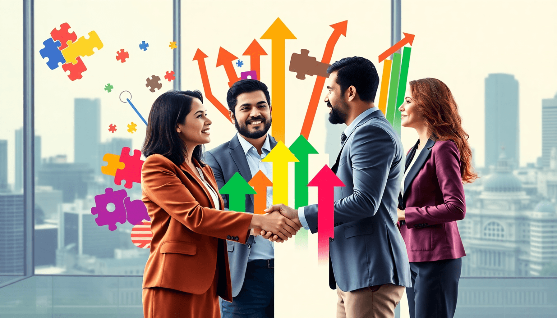 Collage of diverse business owners collaborating in a modern office, surrounded by icons of growth, inclusion, and a cityscape backdrop.