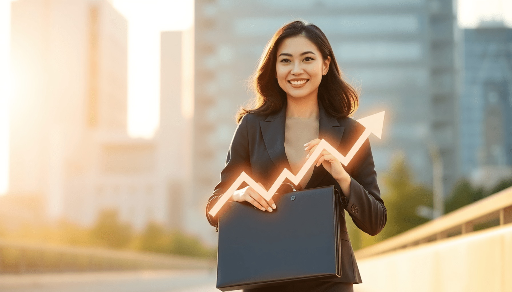 Confident woman entrepreneur outdoors in a city, holding a briefcase with glowing arrows and graphs symbolizing business growth and new opportunities.