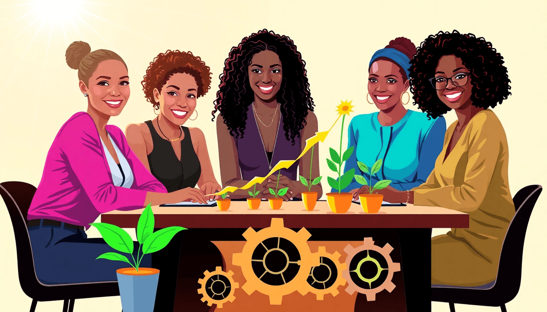 Diverse entrepreneurs collaborating around a table with upward arrows, blooming plants, and gears, symbolizing growth and business success in a bri...