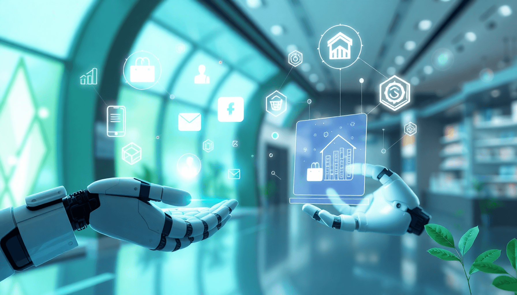 Futuristic digital marketplace with holographic icons, robotic hands on transparent screens, glowing blockchain nodes, and eco-friendly motifs on a...