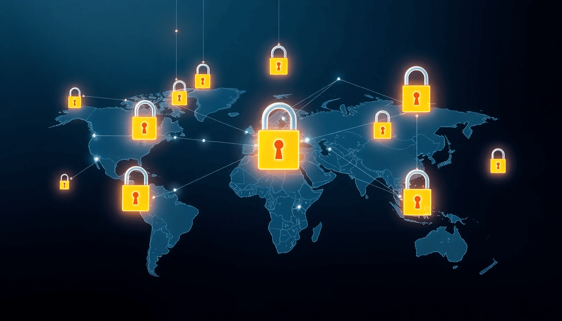 Glowing digital nodes and secure locks float over a global map, depicting a futuristic supply chain with AI circuits and blockchain elements on a s...