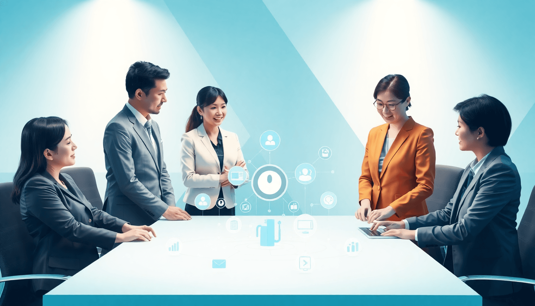 Government officials collaborating around a table with digital icons representing transparency, compliance, and e-procurement in a modern office wi...