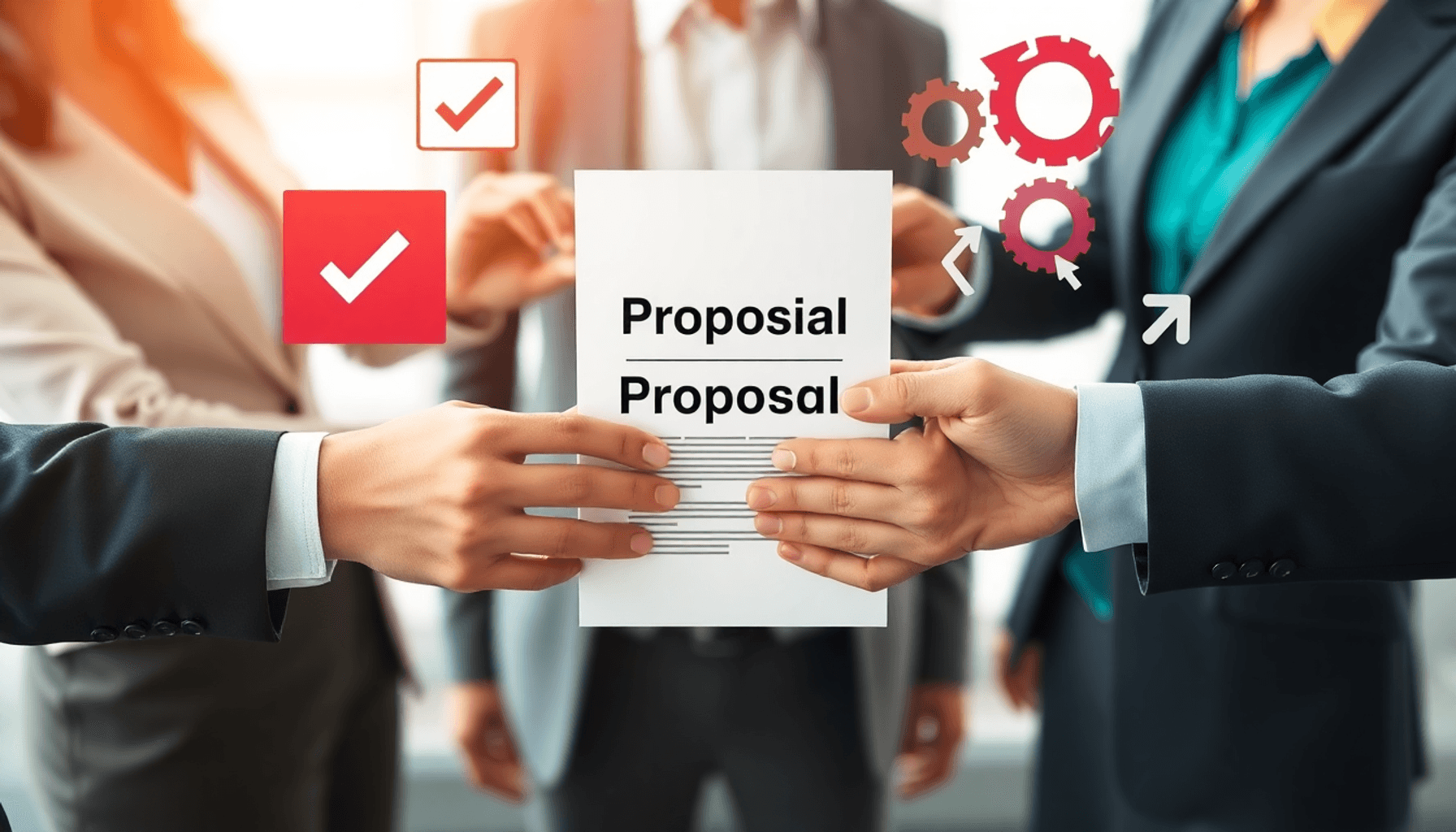 Hands exchanging a formal document in a business setting with floating icons of checkmarks, gears, and arrows symbolizing collaboration and decisio...