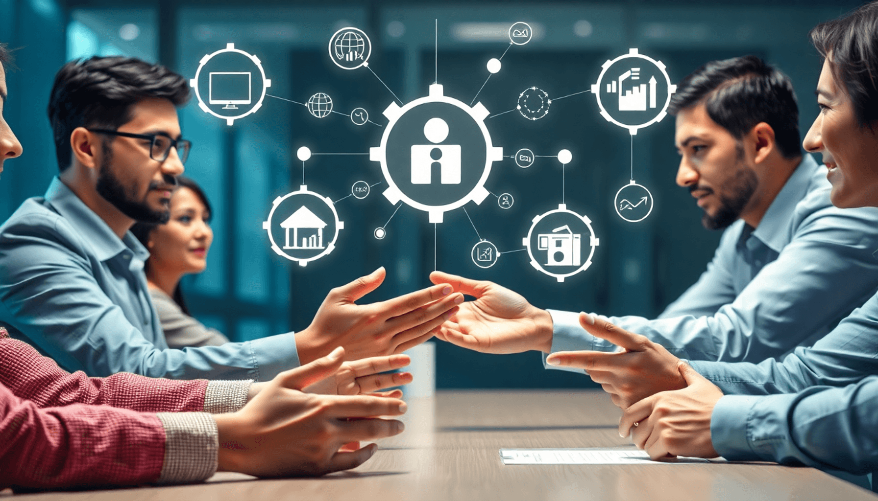 Hands exchanging ideas over a table with digital icons of communication, collaboration, and technology floating above in a professional business se...