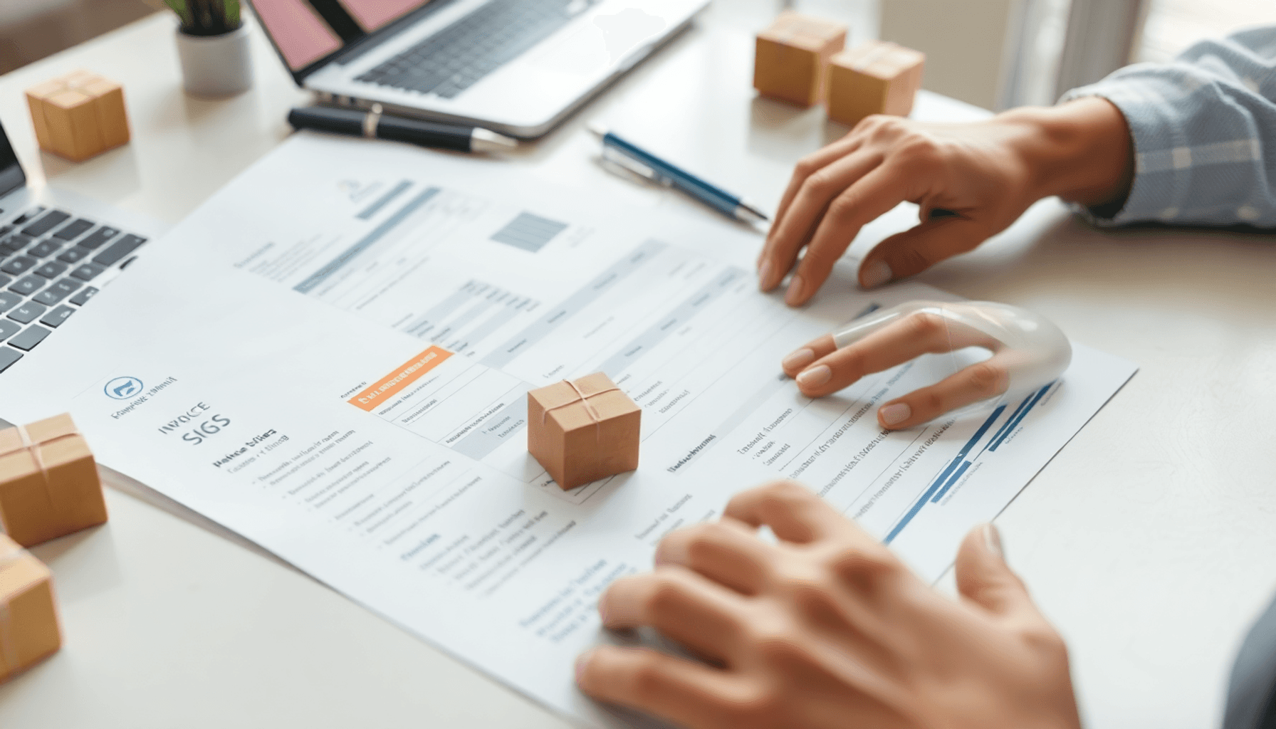 Hands reviewing shipping documents and invoices on a desk with parcels and a laptop, bathed in soft natural light, symbolizing careful auditing in ...