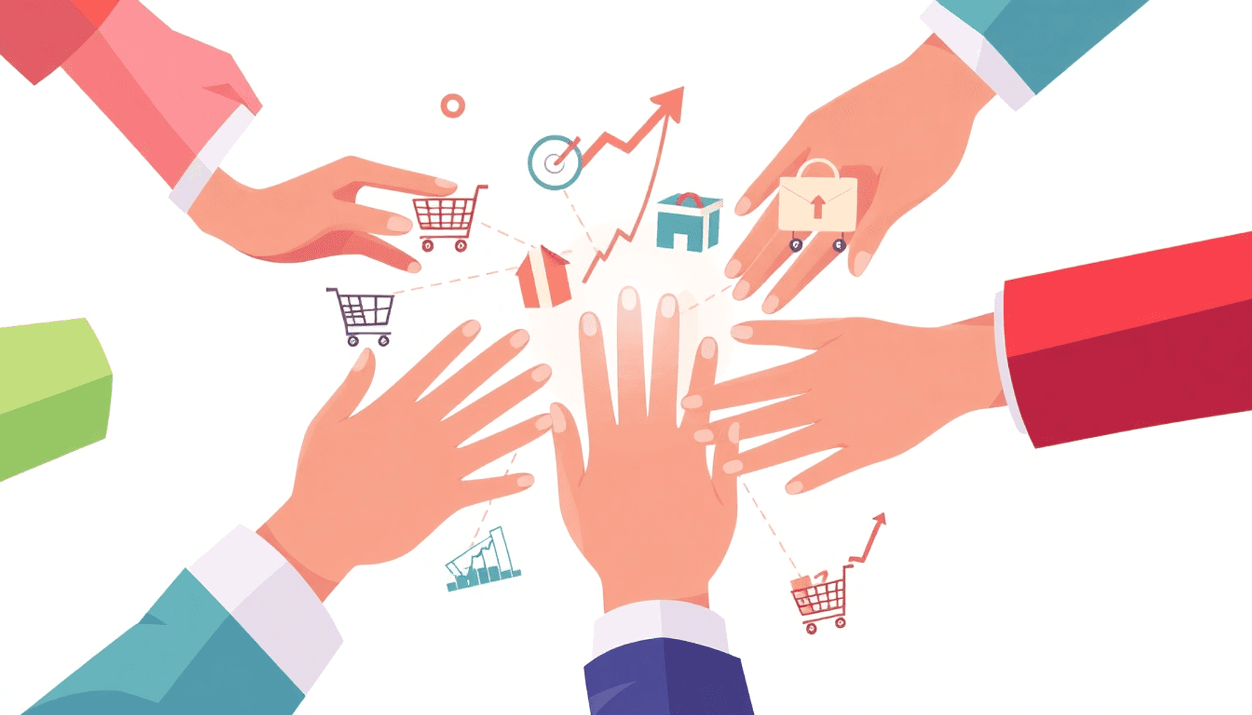 Interconnected hands around icons like shopping carts and arrows on a bright background with subtle graphs, symbolizing collaboration and data-driv...