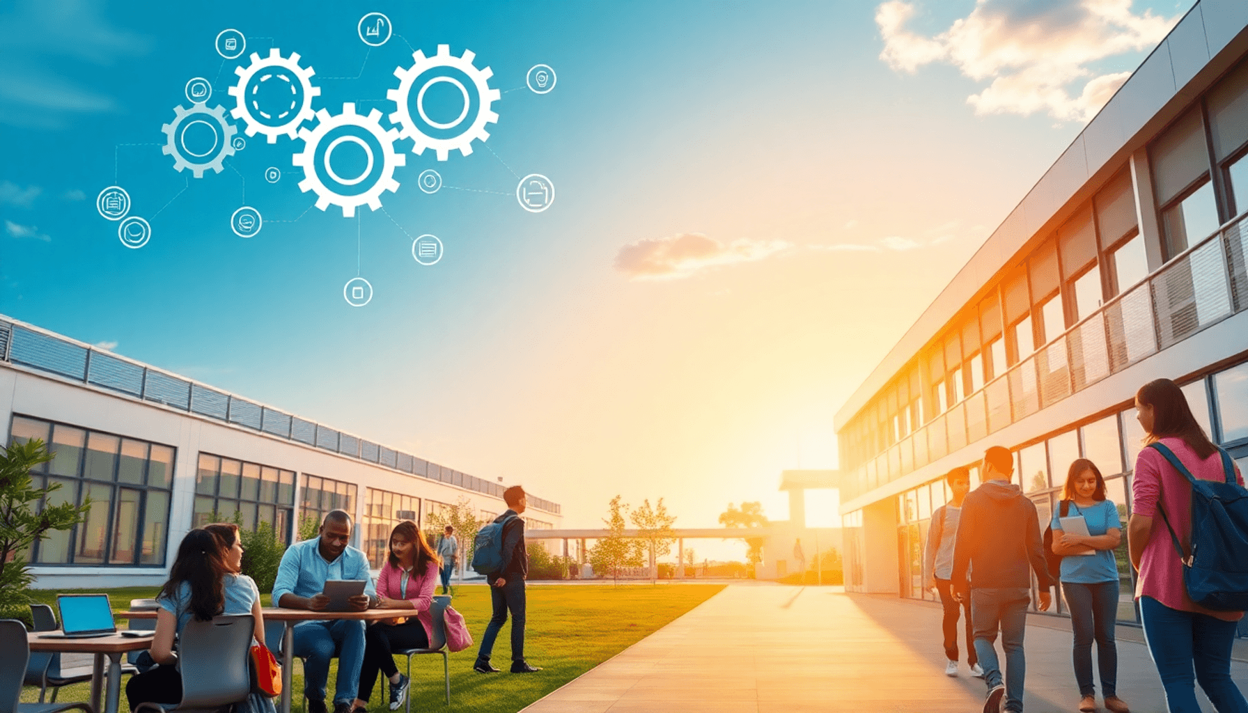 Modern campus scene with students and staff collaborating on digital devices, floating gears and flowcharts above, pathway leading to glowing sunrise.