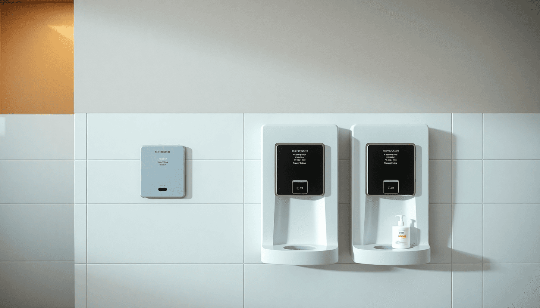 Modern commercial restroom with sleek touchless soap and paper towel dispensers, soft natural light, and a clean, professional atmosphere.