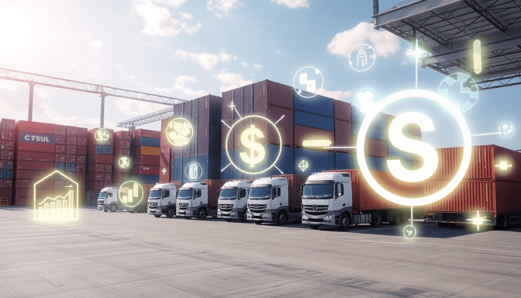 Modern warehouse with stacked containers and trucks, overlaid with glowing data and savings icons under a bright sky.
