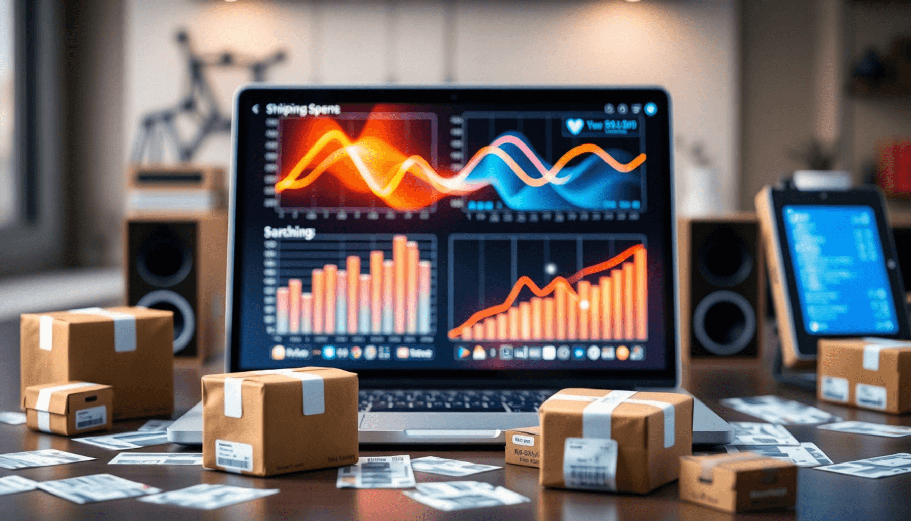Modern workspace with laptop showing glowing charts, surrounded by parcel boxes and shipping labels, illustrating parcel spend management and shipp...