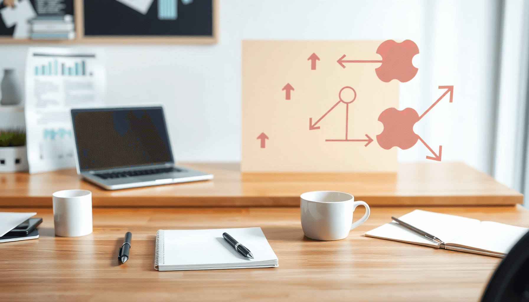 Organized desk with laptop, notepad, pen, coffee cup, and abstract collaboration symbols on a bright, modern background.