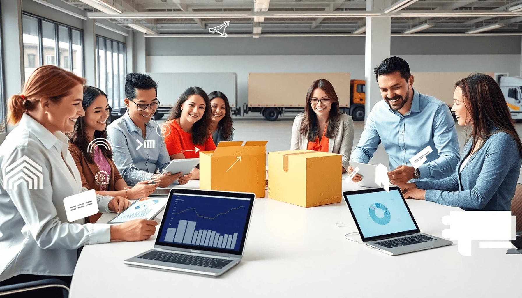 Procurement professionals collaborating around a table with tablets and laptops showing data charts, surrounded by icons of parcels, arrows, and tr...