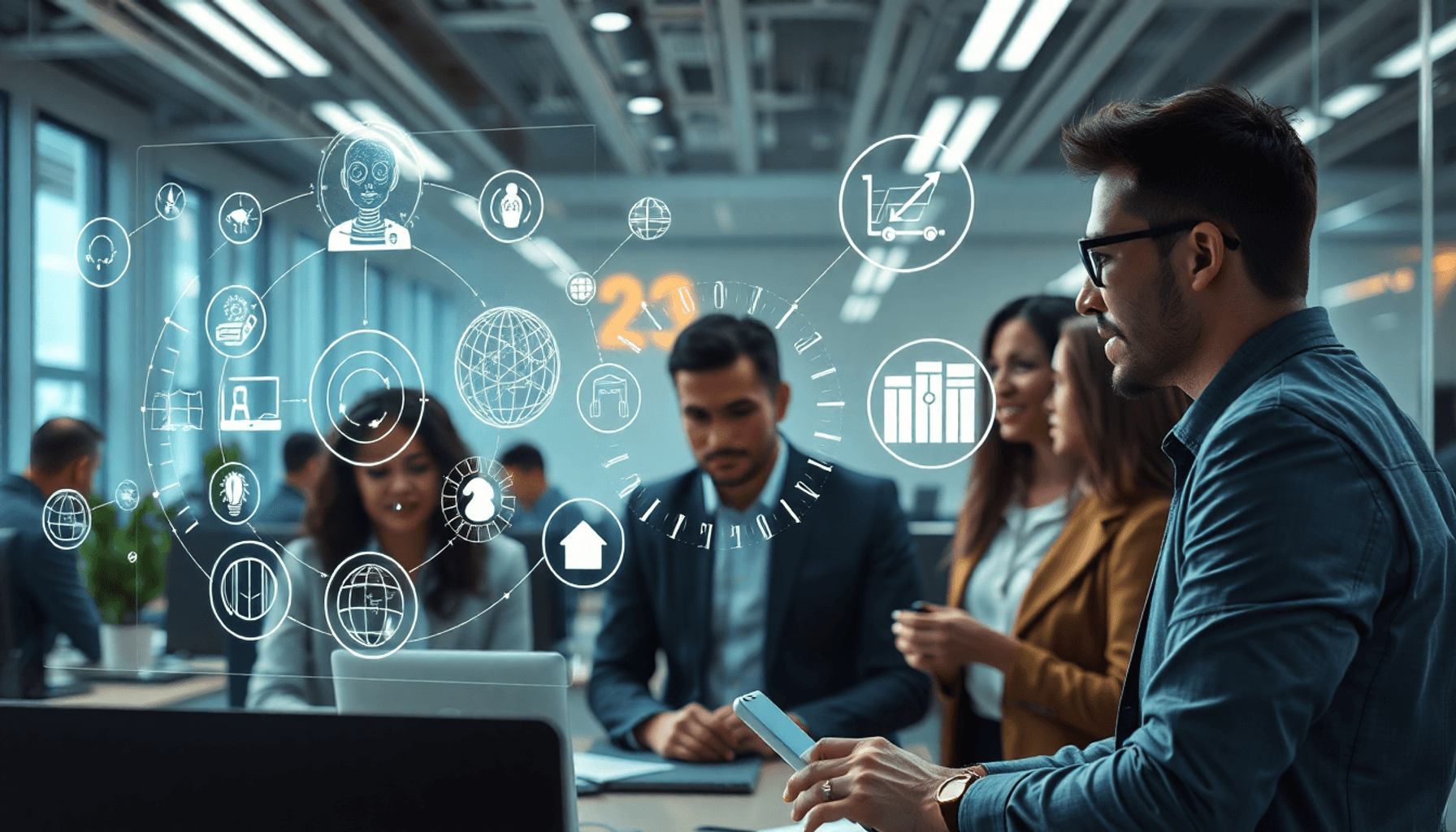 Professionals collaborate around transparent holograms showing AI, automation, sustainability, and supply chain icons in a futuristic office setting.