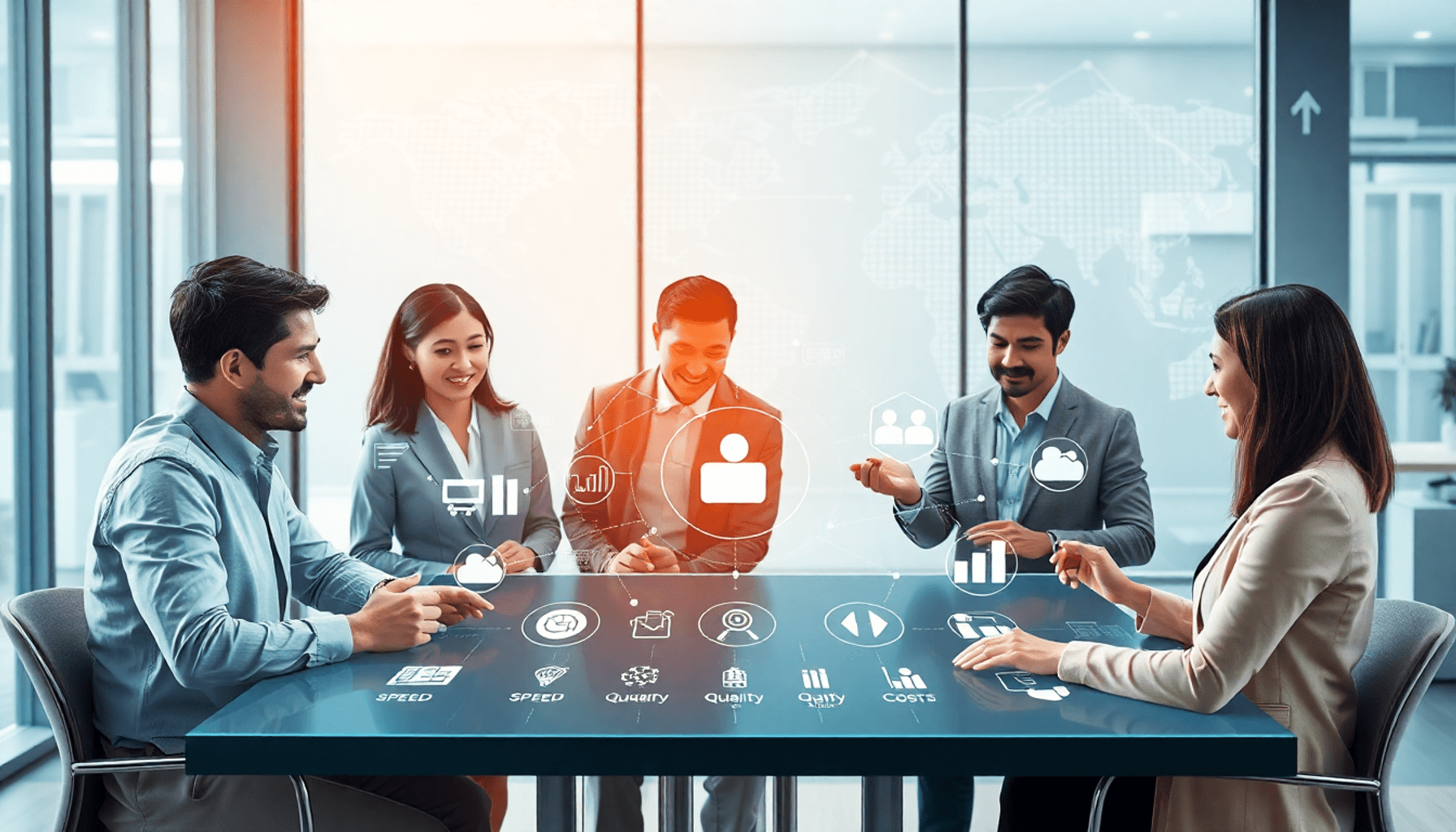 Professionals collaborating around a digital touchscreen table showing supply chain symbols, surrounded by icons of speed, quality, and cost contro...