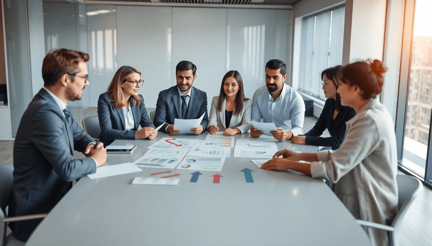 Professionals collaborating around a table with abstract documents and charts in a modern office, symbolizing teamwork and strategic planning.