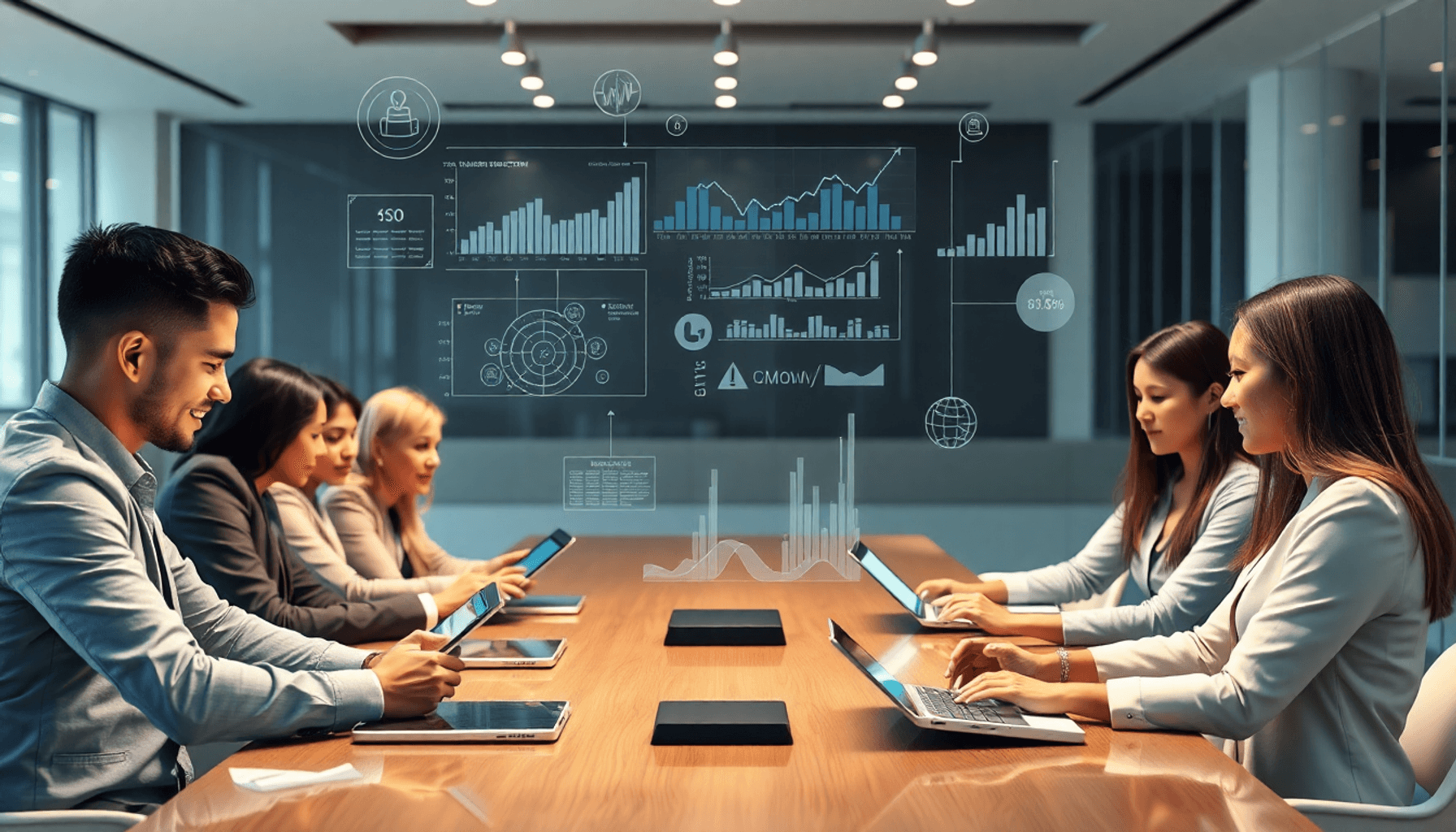 Professionals collaborating around a table with digital tablets and holographic charts, symbolizing data-driven decision making in a modern busines...