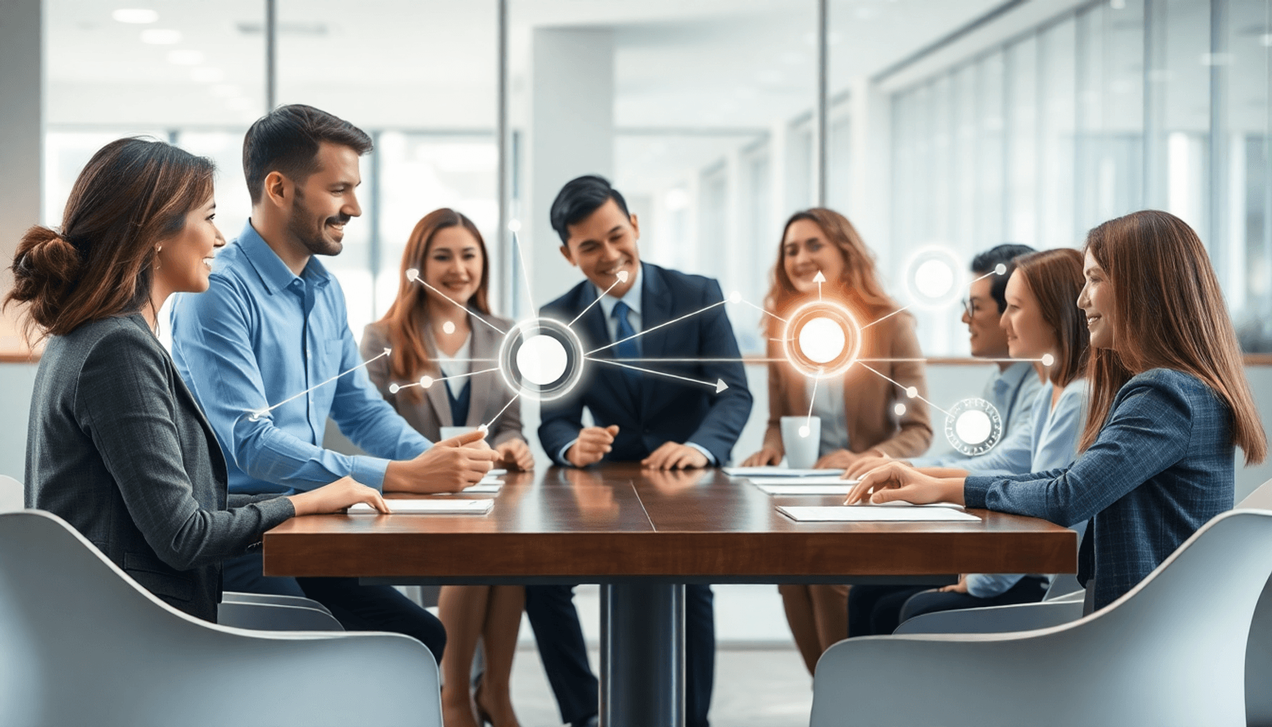 Professionals collaborating around a table with digital holograms of supply chains and interconnected nodes in a modern, bright office setting.