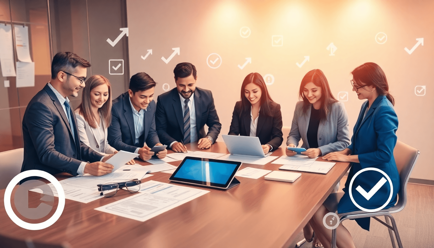 Professionals collaborating around a table with documents and tablets, surrounded by abstract icons of arrows and checkmarks, in a warm, efficient ...