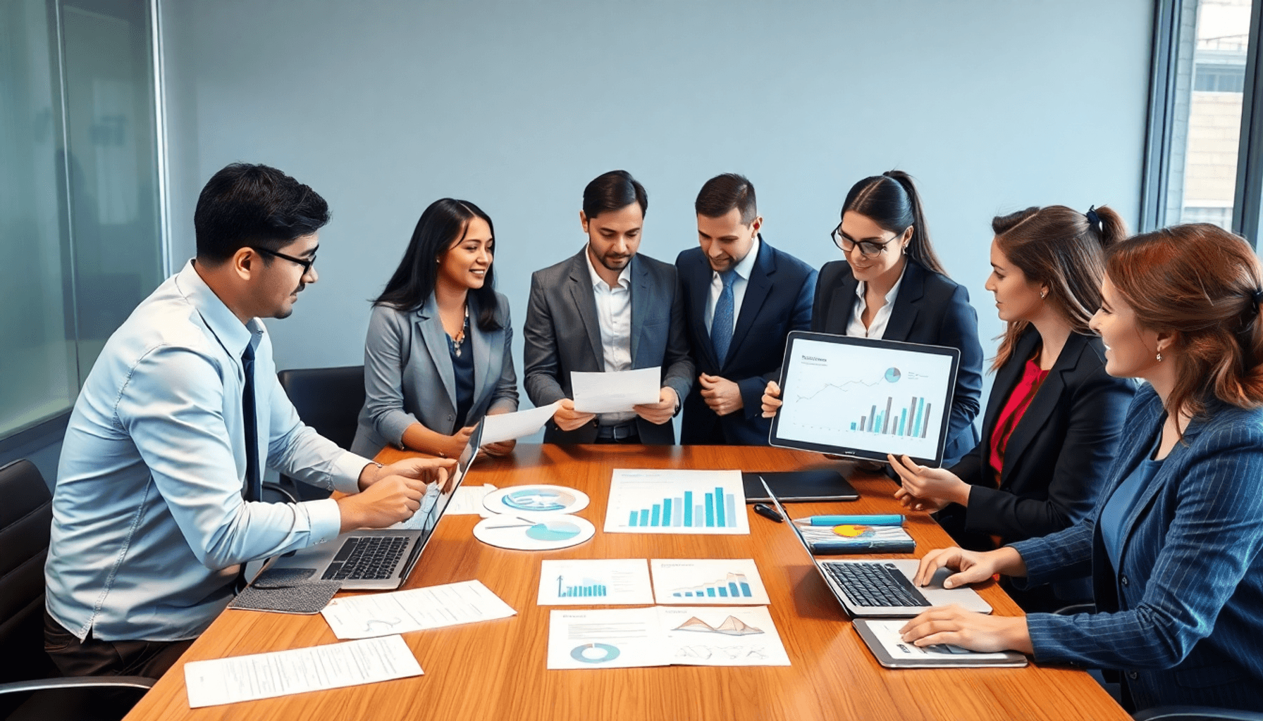 Professionals collaborating around a table with documents, laptops, and tablets showing charts, symbolizing transparent communication in a vendor-f...