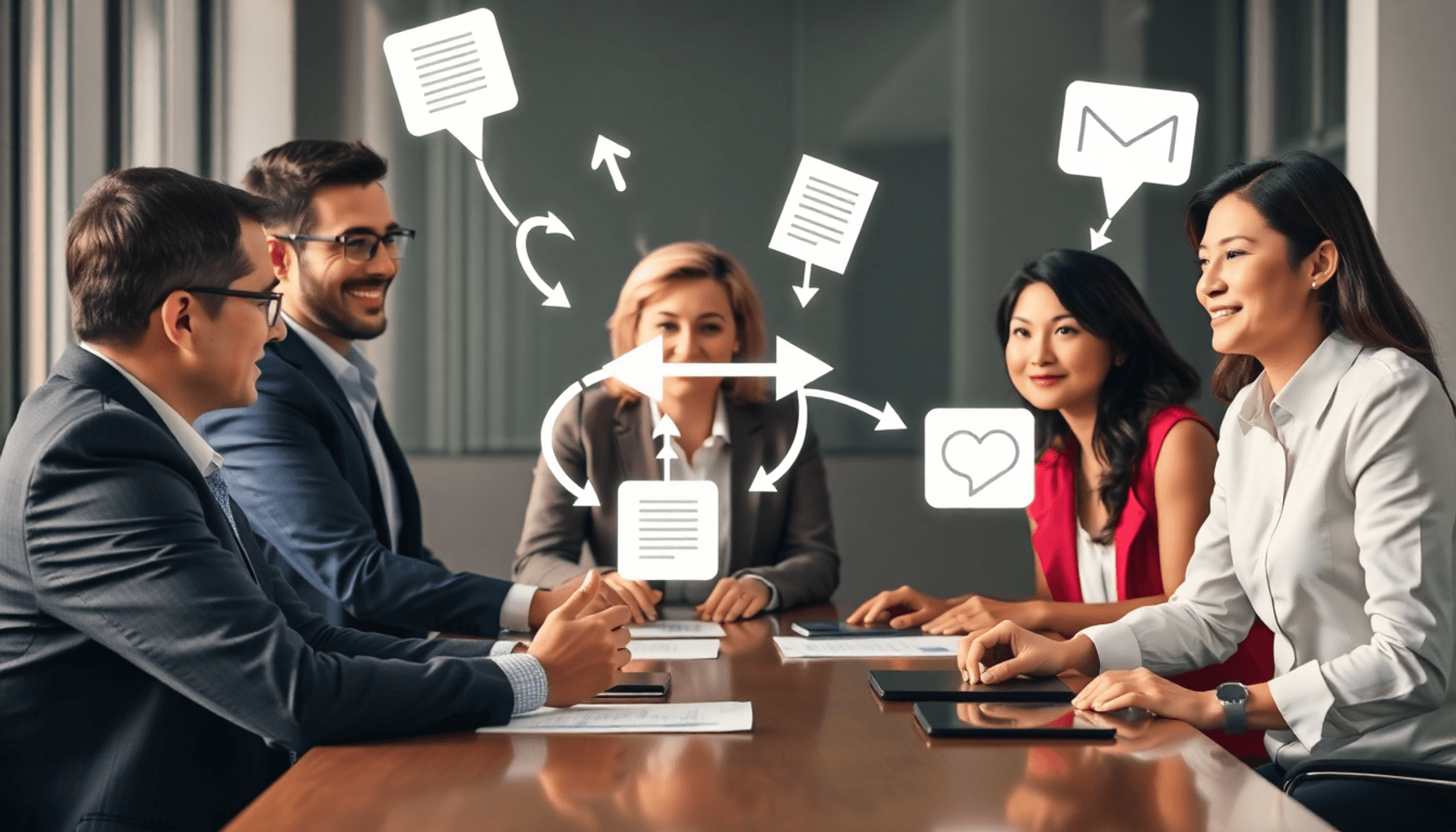 Professionals collaborating around a table with floating arrows and icons symbolizing communication, documents, and digital connections in a busine...