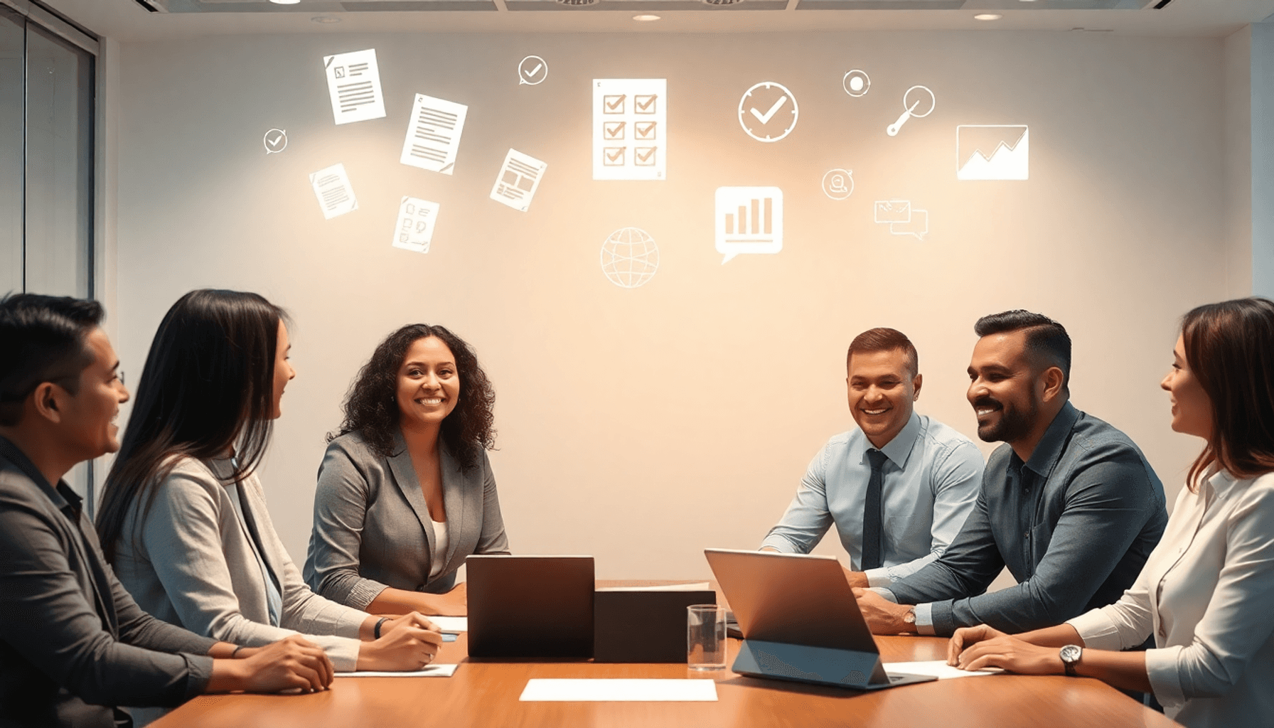 Professionals collaborating around a table with floating document and checklist icons in a modern office, highlighting teamwork and decision-making.