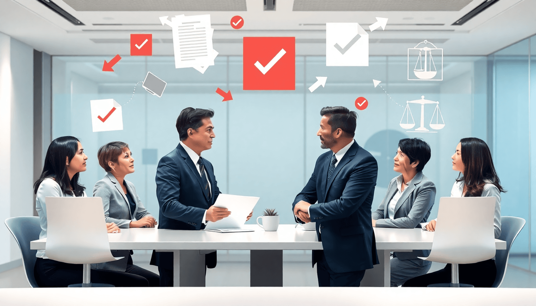 Professionals collaborating around a table with floating contract symbols, checkmarks, and arrows in a modern office symbolizing negotiation and st...