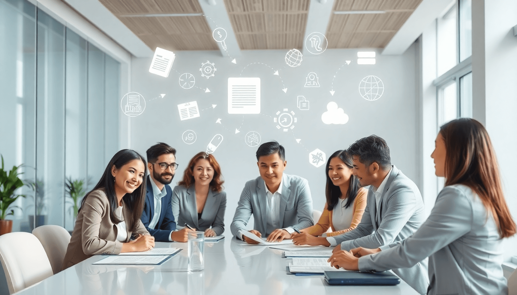 Professionals collaborating around a table with floating icons of documents, charts, and technology in a bright, organized business setting.