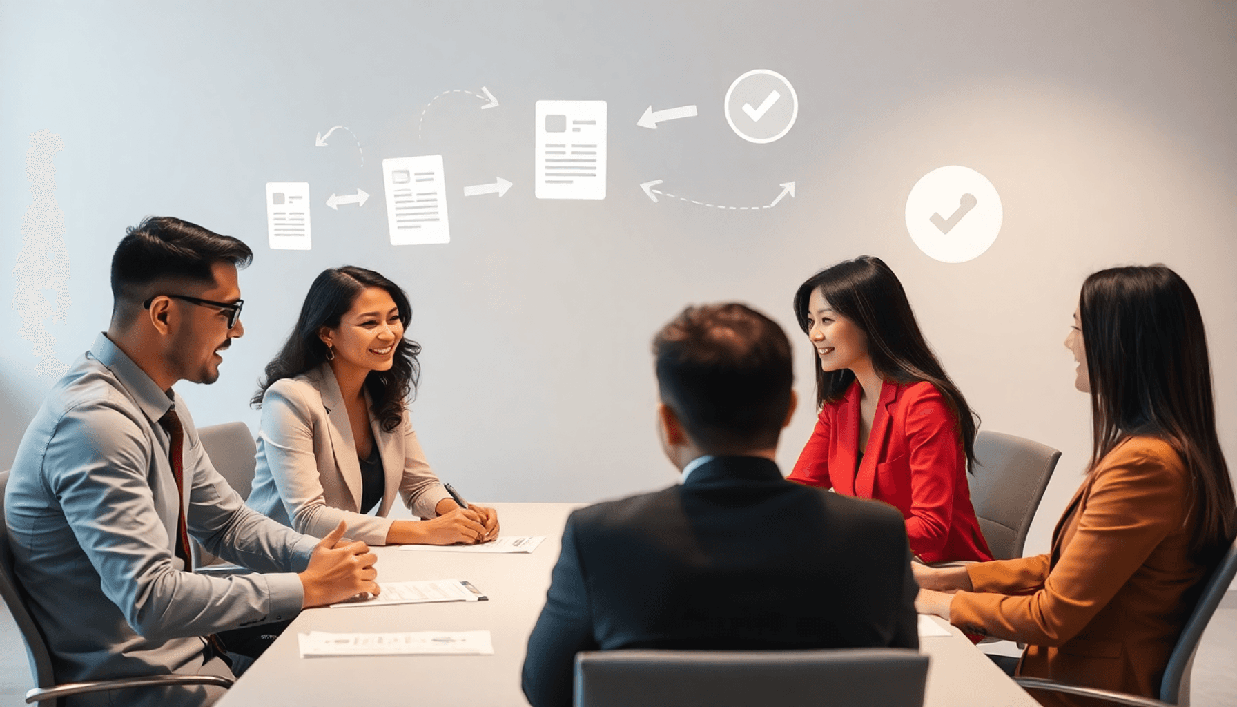 Professionals collaborating around a table with floating abstract symbols of documents, arrows, and checkmarks representing procurement and RFP wor...