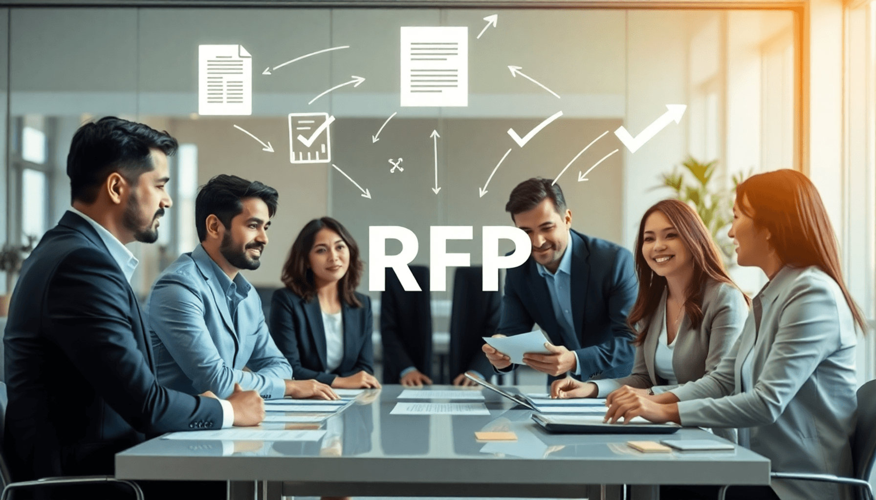 Professionals collaborating around a table with floating symbols of documents, arrows, and checkmarks in a modern office setting.