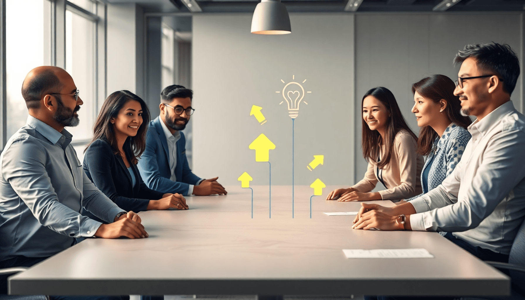 Professionals collaborating around a table with symbols of partnership, strategy, and ideas in a modern office with natural lighting.