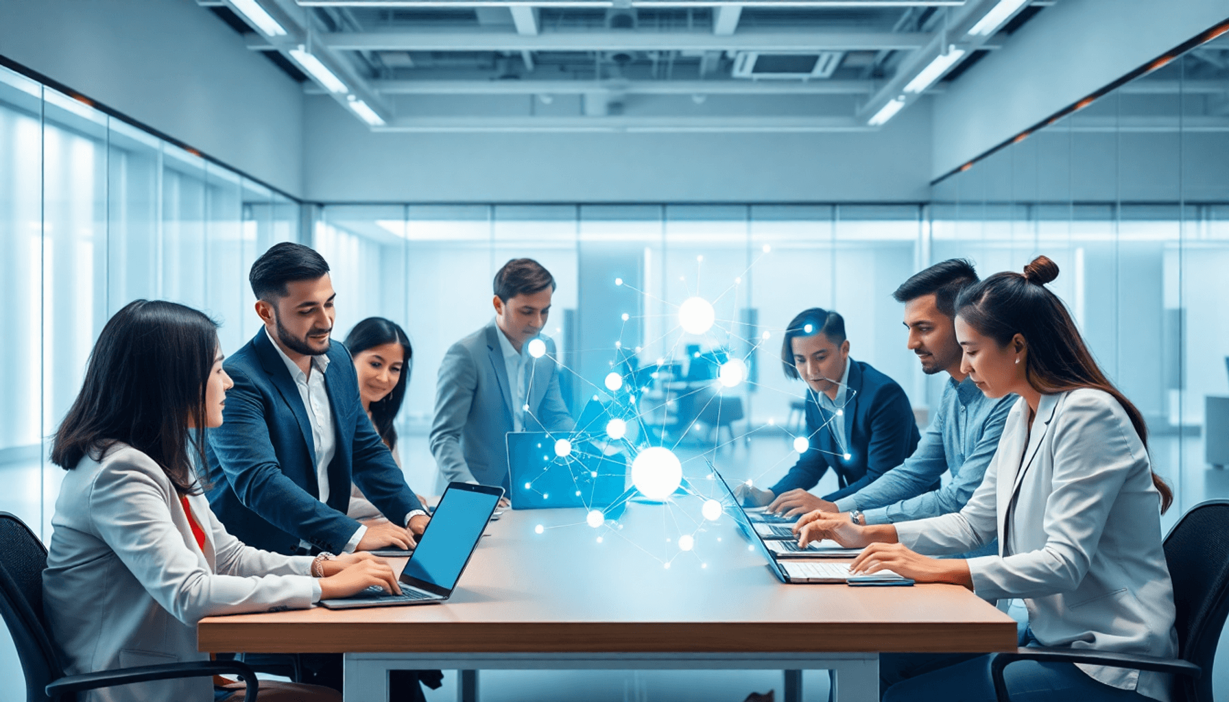 Professionals collaborating in a bright modern office with digital devices showing glowing data streams and interconnected nodes symbolizing AI-dri...
