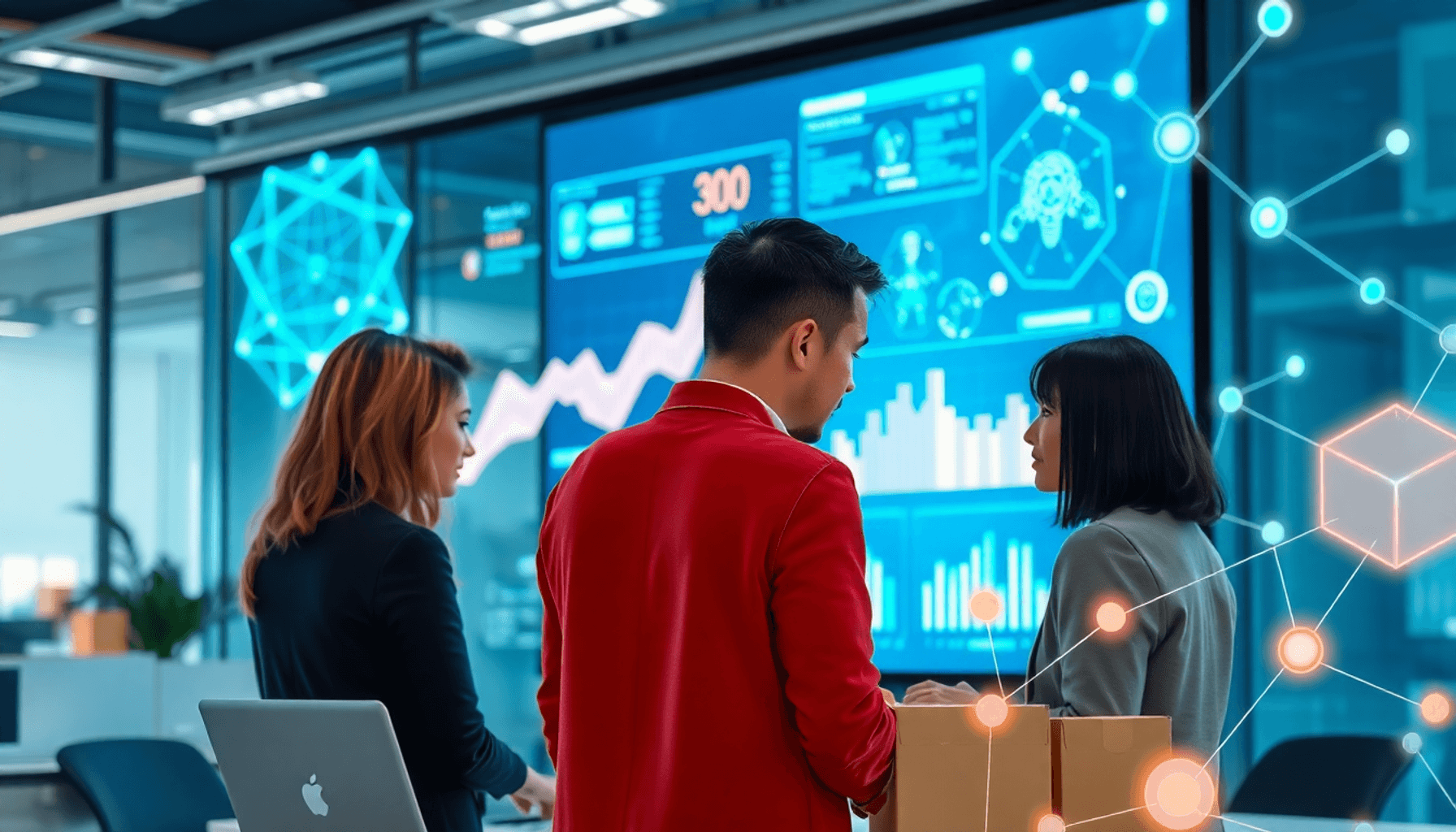 Professionals collaborating in a modern office around a digital screen showing data visualizations, AI neural patterns, and procurement symbols in ...