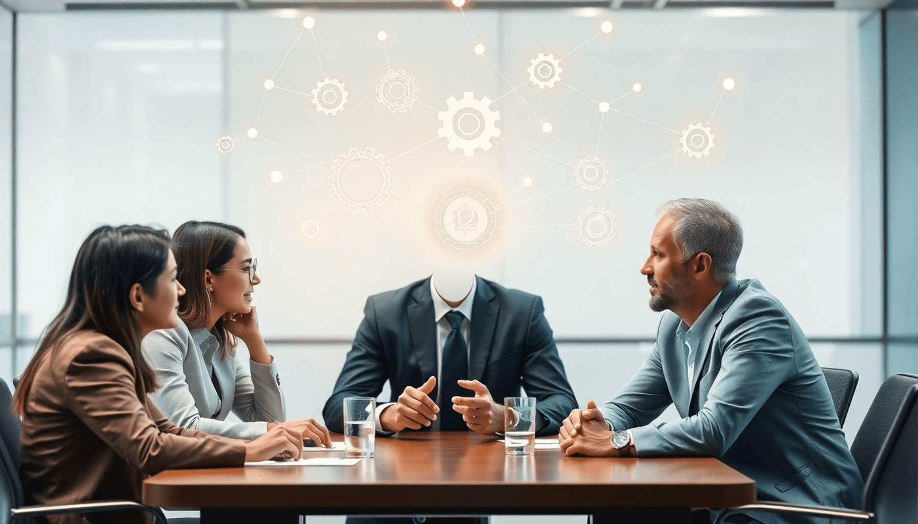 Professionals engaged in a business meeting around a table with floating abstract supply chain symbols and digital network connections in a modern,...