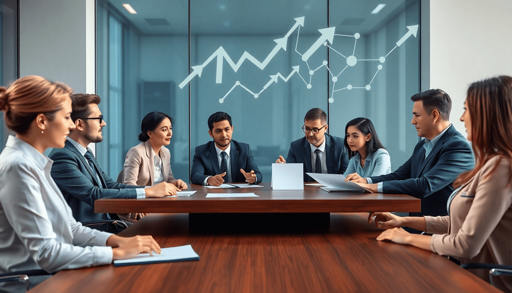 Professionals in a modern meeting room discussing contracts, with abstract arrows and network nodes symbolizing growth and partnerships above the t...