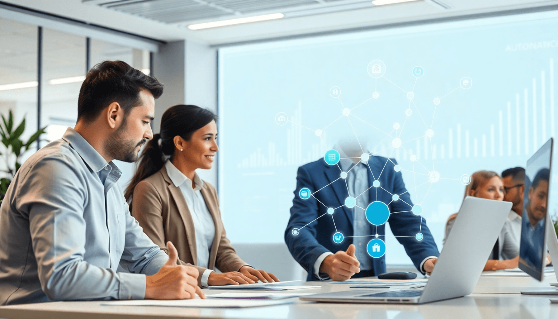 Team analyzing digital data charts and interconnected nodes with glowing AI icons in a bright modern office, symbolizing procurement and cost savings.