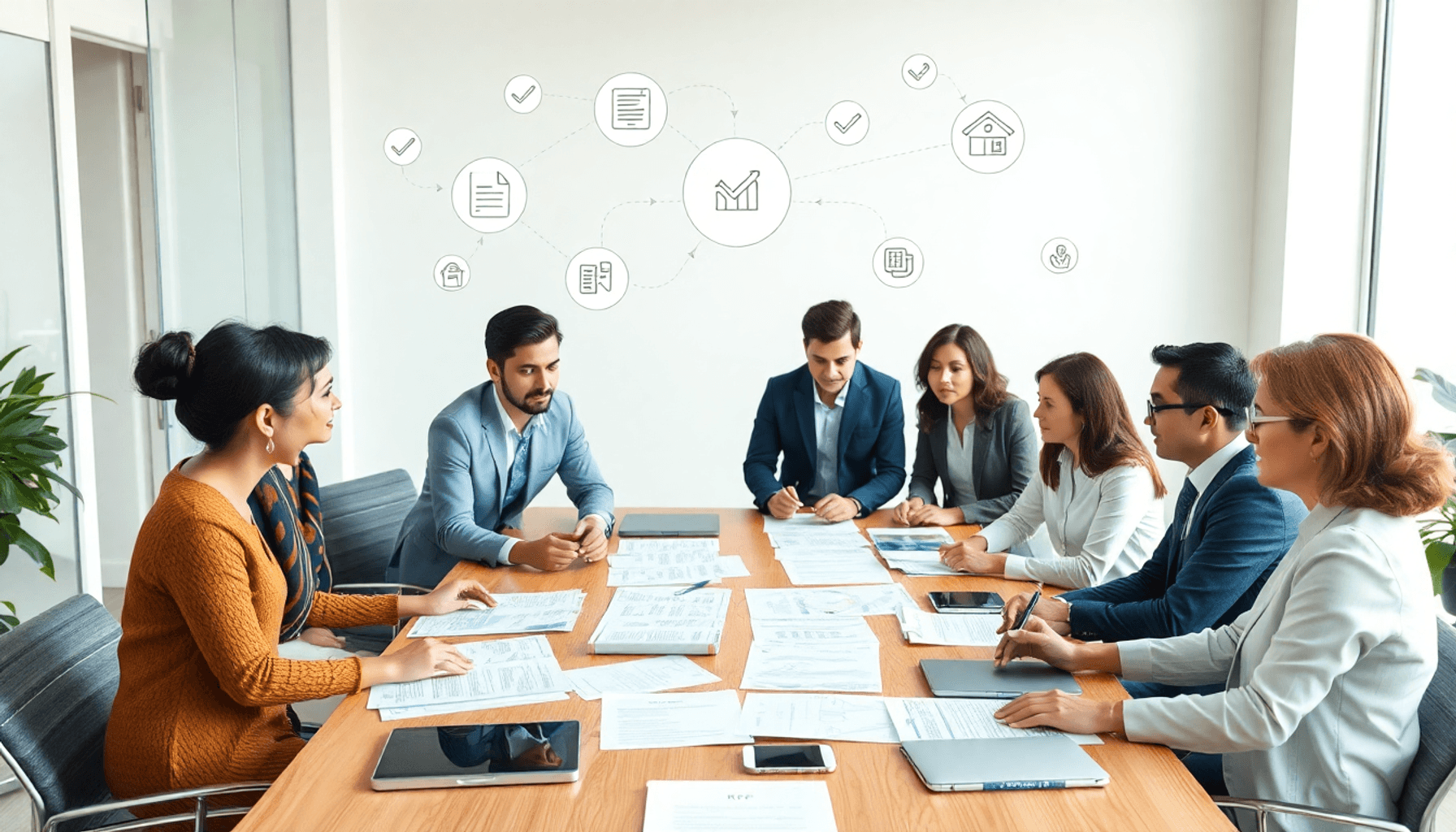 Team collaborating around a table with documents and devices, abstract icons above showing proposals, checkmarks, and arrows in a bright, modern of...