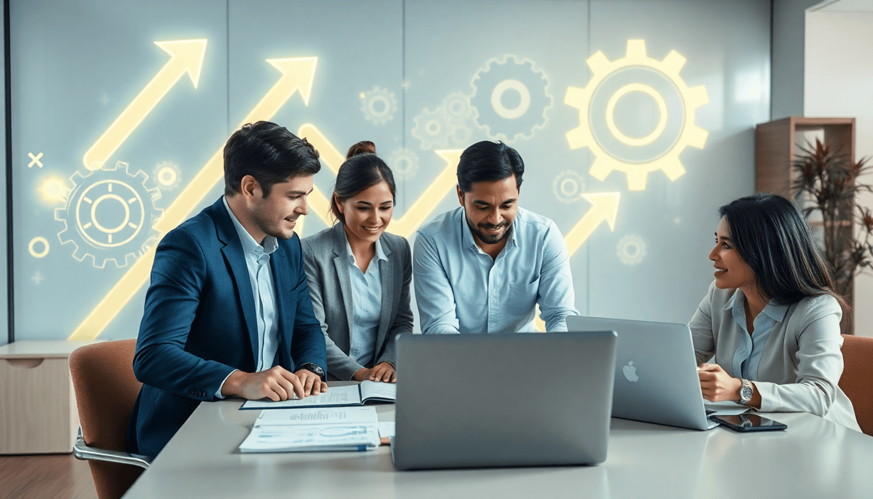 Team collaborating around a table with laptops and documents, abstract glowing arrows and gears in the background, in a modern office setting.