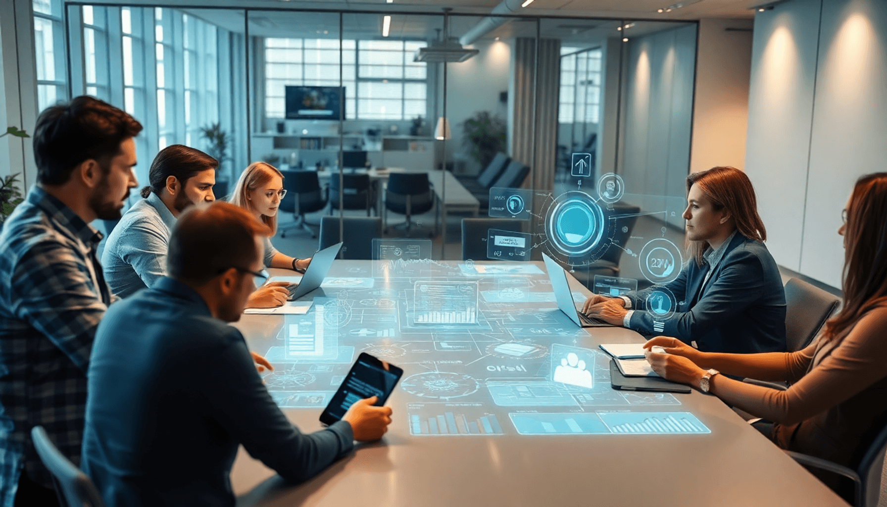 Team collaborating in a modern office with digital devices and holographic charts depicting workflow automation and AI-powered proposal tools.