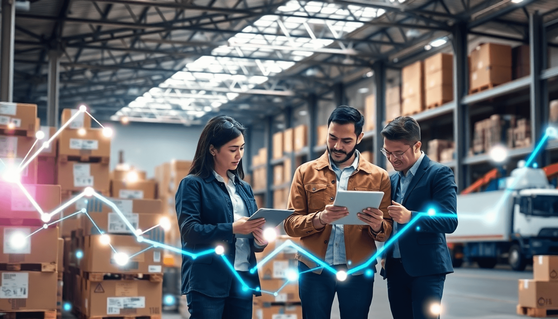 Warehouse with stacked boxes and pallets, glowing data lines and charts, professionals reviewing plans on tablets, trucks and ships in background u...